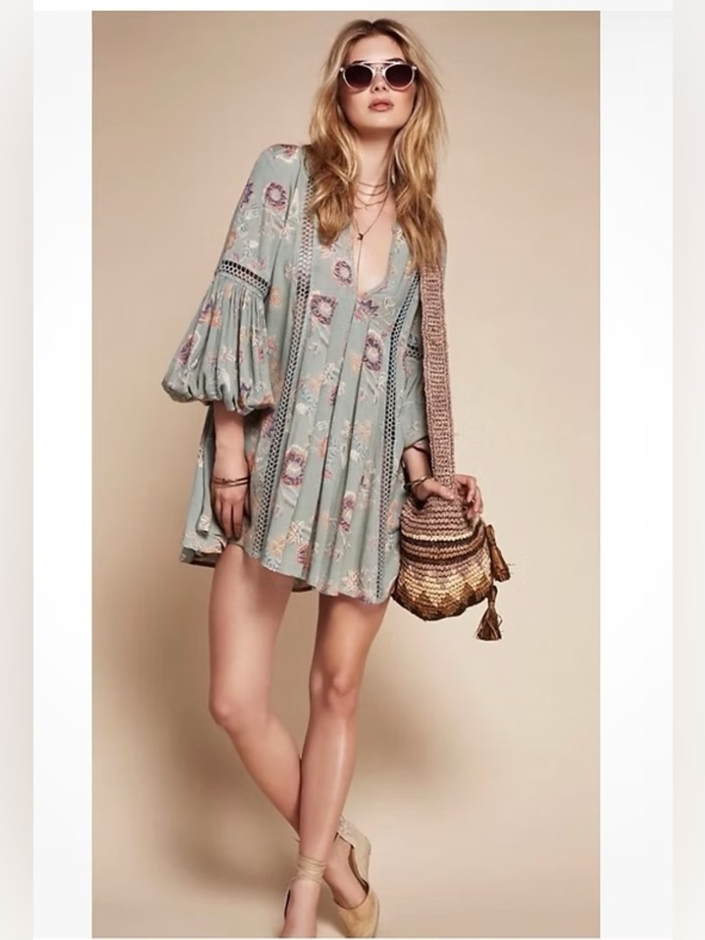 Free People Just The Two Of Us Floral Crochet Tunic Mini Dress XS